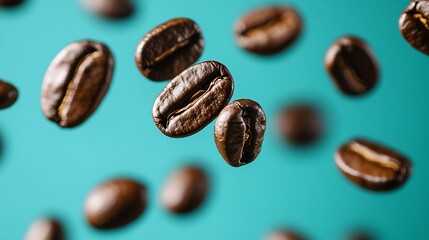 Fototapeta premium Coffee beans suspended in mid-air set against a vibrant turquoise backdrop