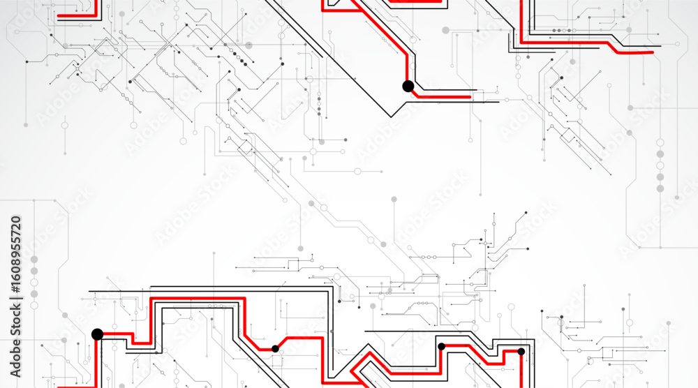 Poster digital circuit visualization vector background. pattern with interconnected lines, nodes.