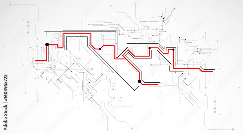 Poster digital circuit visualization vector background. pattern with interconnected lines, nodes.