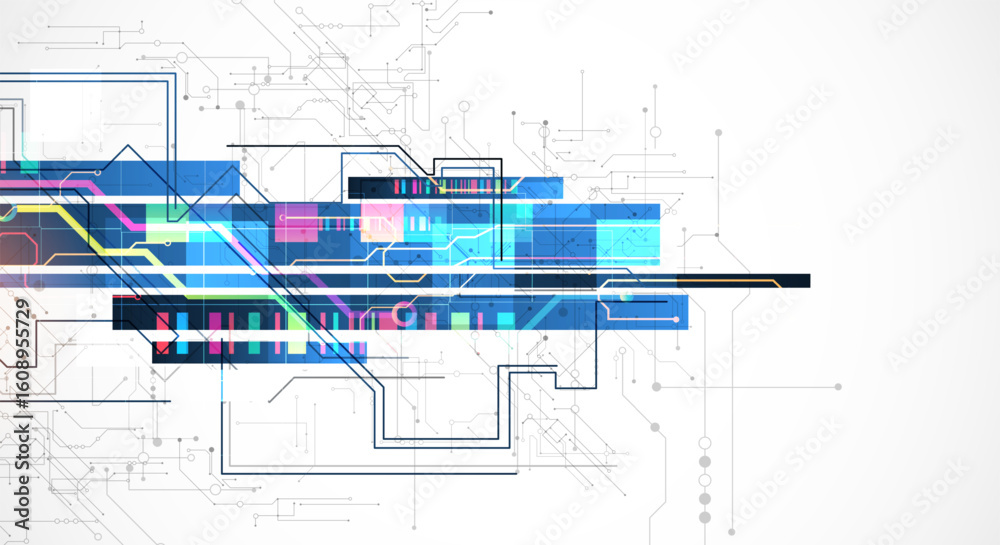 Wall mural technological background with colorful squares glowing on a blue gradient. vector.