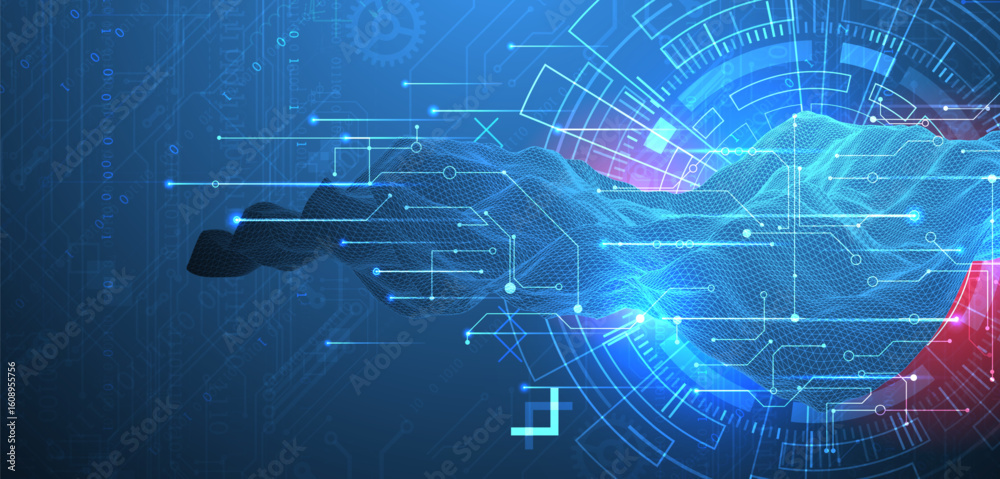 Poster abstract data background with wireframe wave and circuit lines. technology concept. vector