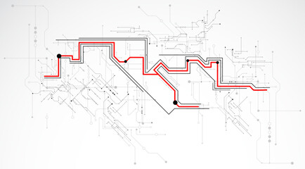 Digital circuit visualization vector background. Pattern with interconnected lines, nodes.