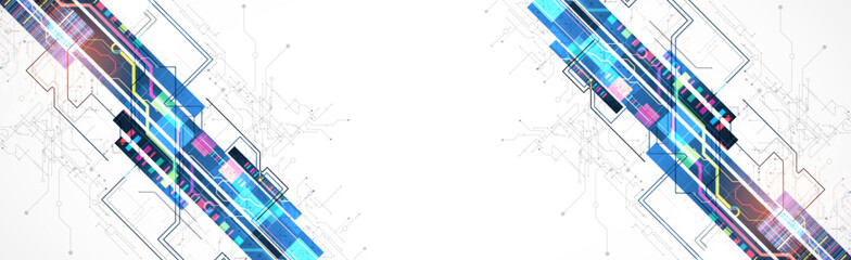 Technological background with colorful squares glowing on a blue gradient. Vector.