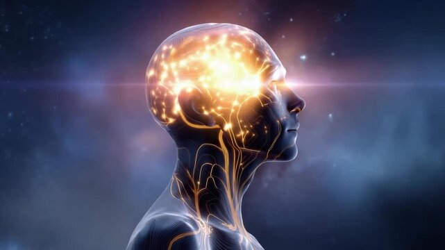Abstract representation of a human head with glowing neural connections in a cosmic background
