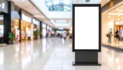 Blank billboard in a bright, busy shopping mall