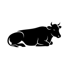 Fototapeta premium Black Cow Silhouette Vector - Resting Farm Animal Icon Minimalist Design