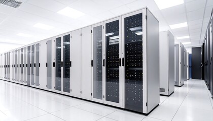 Bright, clean server room with rows of tall, metallic cabinets