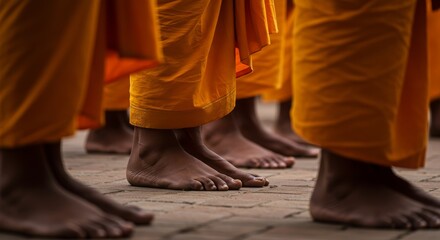 Asalha Puja in Southeast Asia, close-up of feet during ritual procession, soft shadows and textures, minimalist environment, no text