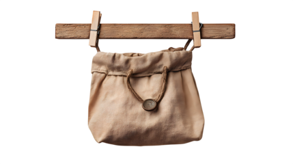A vintage wooden clothespin bag, made of aged canvas, hanging from a single wooden clothespin, evoking nostalgic rustic laundry days, isolated on a pure Transparent background.