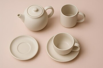 Minimalist beige ceramic teapot cup and saucers flat lay arrangement tea set