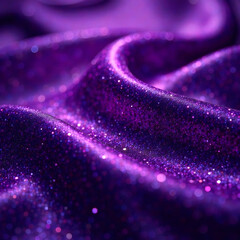 Close-up of shimmering purple fabric with glitter texture and soft folds, captured in macro style on a blurred background, concept of luxury