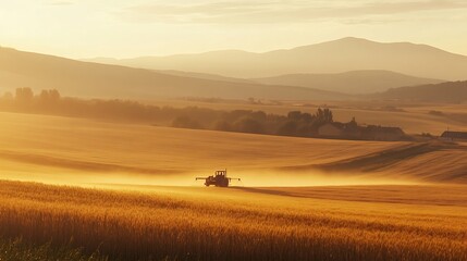 Fototapeta premium Farmer driving a crop sprayer across a golden wheat field at sunrise the rays illuminating the fine mist and casting long shadows over the land creating a peaceful rural scene