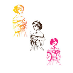 Set of sketches of beautiful and diverse female fashion outfits