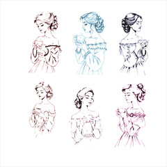 Set of sketches of beautiful and diverse female fashion outfits