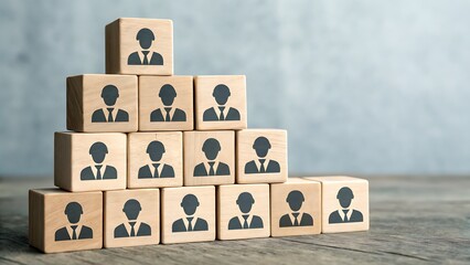 Team Structure Representation with Wooden Blocks Featuring People Icons Displaying Hierarchy and Organization on Wooden Surface.