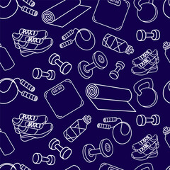 Fitness and gym equipment seamless pattern dumbbells sneakers jump ropes yoga mats kettlebells and water bottles in line style for sports designs packaging apparel and fitness branding. Vector
