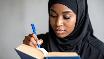 Close-up of a woman in a hijab intently writing in a book