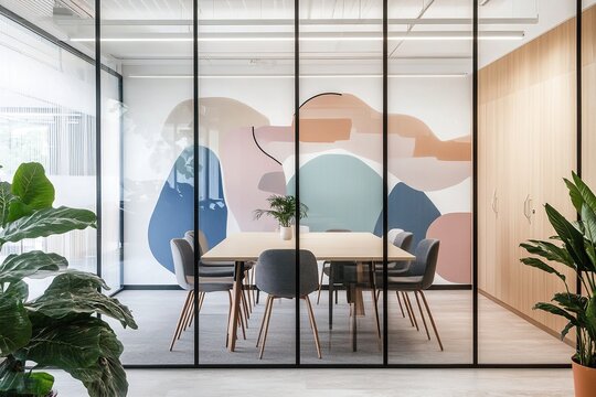 A modern glass office meeting room with abstract wall art and Scandinavian-style furniture, featuring clean lines and lush greenery. - Powered by Adobe