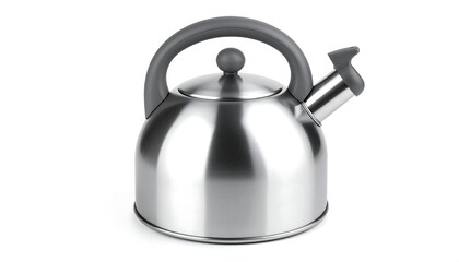Stainless steel kettle with gray handle and knob, isolated on white background