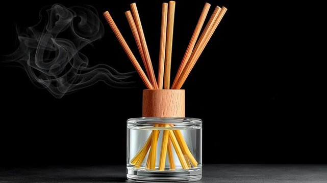Aromatic diffuser with wooden reeds releasing fragrant essence, elegantly displayed on a dark surface, creating a soothing atmosphere with gentle smoke wisps enhancing the ambiance of relaxation and t