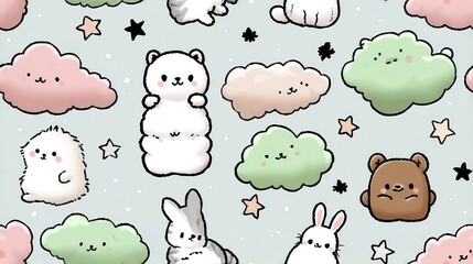 Cute Animal Cloud Seamless Pattern