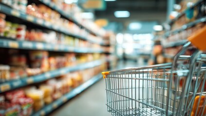 A shopping cart navigates an aisle filled with colorful products, creating a sense of abundance and consumer choice in a brightly lit store