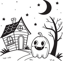 Cute Halloween Ghost with Haunted House, Pumpkin and Bats – Cartoon Style Spooky Night Illustration