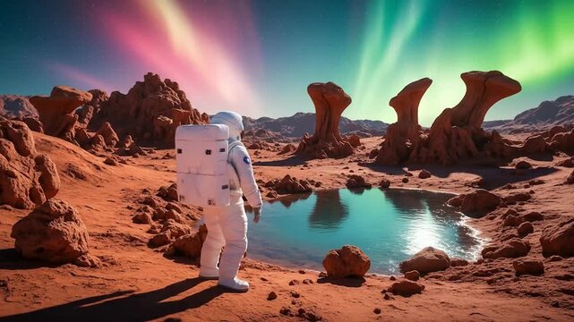 Astronaut standing on mars near a pool of water with colorful aurora in the alien sky viewscape