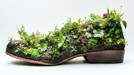 botanical shoe art miniature garden in a vintage boot