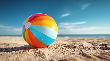 Obraz premium Colorful beach ball with vibrant stripes on sand under clear blue sky capturing bright cheerful summer beach vibe