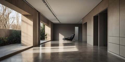 Fototapeta premium Modern Hallway with Concrete Walls and Lounge Chair