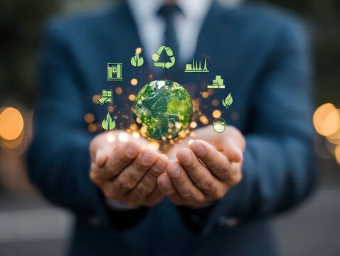 Sustainable Business Future: Hands Holding Earth Globe