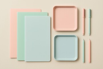 Pastel pink mint and blue desk accessories flat lay office