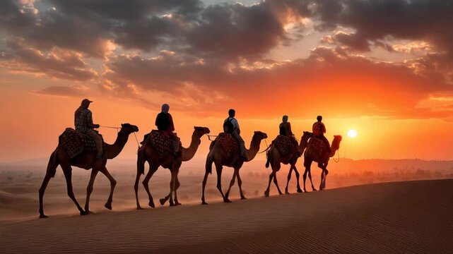 Caravan of people riding camels across desert dunes at sunset symbolizing travel adventure nomadic life and traditional desert exploration in warm golden light