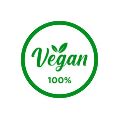 100% vegan food diet. Organic, bio, eco symbol. No meat, lactose free, healthy, fresh and nonviolent food. Round green vector illustration with leaves for stickers,
