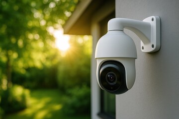 Outdoor Surveillance Camera Monitoring Modern Home Wall with Lush Green Garden in Sunlight for Smart Security Systems