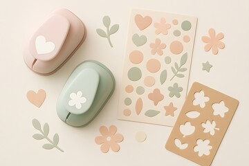 Pink and mint green paper punches with pastel craft shapes and stencil crafting craft supplies