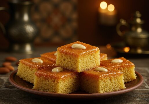 Sweet traditional middle eastern basbousa cake with almond and syrup in a cozy evening setting