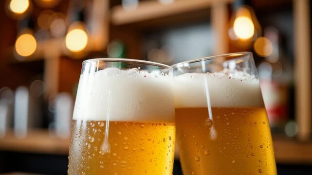 Beer glasses clink celebration creating warm bokeh at bar for joyful event. Two beer glasses clink together with foamy beer in celebratory toast at bar. Enjoy beer glasses clink celebration in videos.