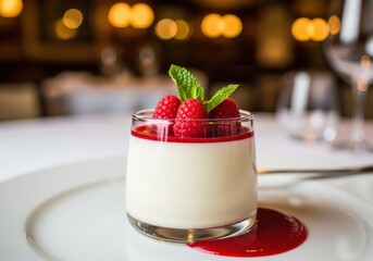 Delicious panna cotta dessert with fresh raspberries and mint served in a glass in a restaurant