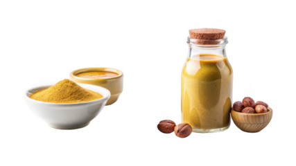 Nutmeg powder in a bottle and mustard sauce in a bowl isolated on transparent background 