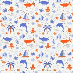 summer atmosphere. seamless pattern with cute design. Handmade, simple abstract drawing, sea, waves, fish, palm, star, plants. Naive children's art, cute illustration in minimalism style