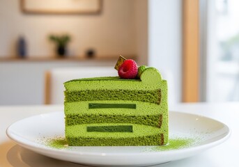 Vibrant matcha green tea cake slice with raspberry on a white plate in a modern cafe