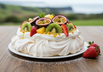 Delicious pavlova dessert with fresh kiwi strawberry and passion fruit on a scenic background