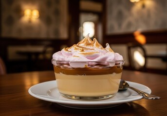 Sweet peruvian suspiro a la limena dessert with meringue in a cozy restaurant setting