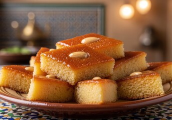 Traditional arabic basbousa cake dessert with almonds and syrup served on a rustic plate