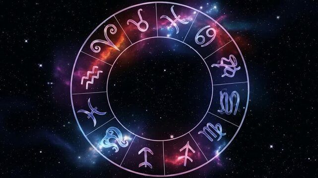 Circular zodiac wheel with astrological signs in a starry galaxy background design element art