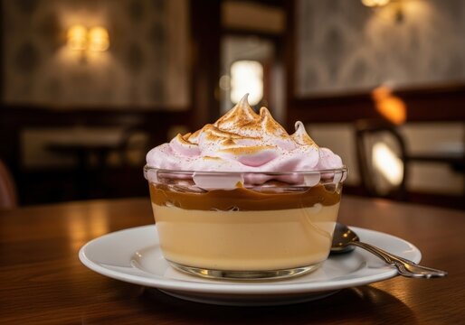 Sweet peruvian suspiro a la limena dessert with meringue in a cozy restaurant setting