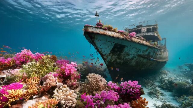 Sunken shipwreck surrounded by colorful coral reef and tropical fish in clear blue ocean symbolizing marine life mystery underwater exploration and ocean biodiversity