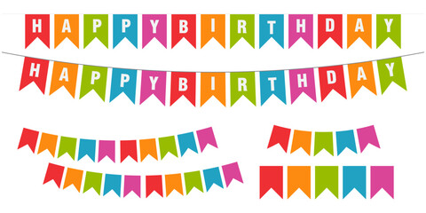 Set of happy Birthday greeting card with cute flag border frames party and colorful confetti. birthday banner, poster flayer with blank space for text,